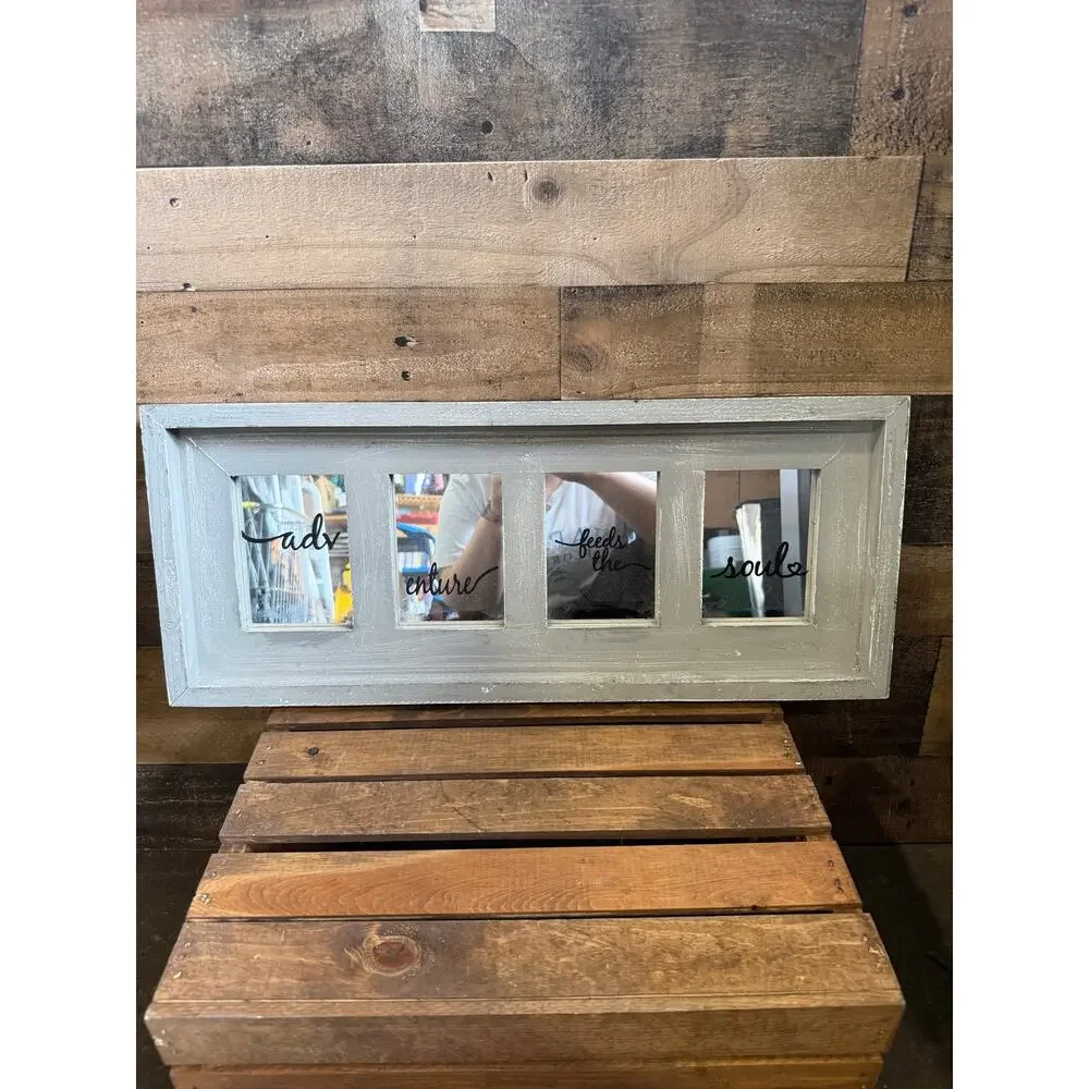 Adventure Feeds The Soul Rustic Grey Wood 4 Pane Window Mirror-Wall Decor -24x10